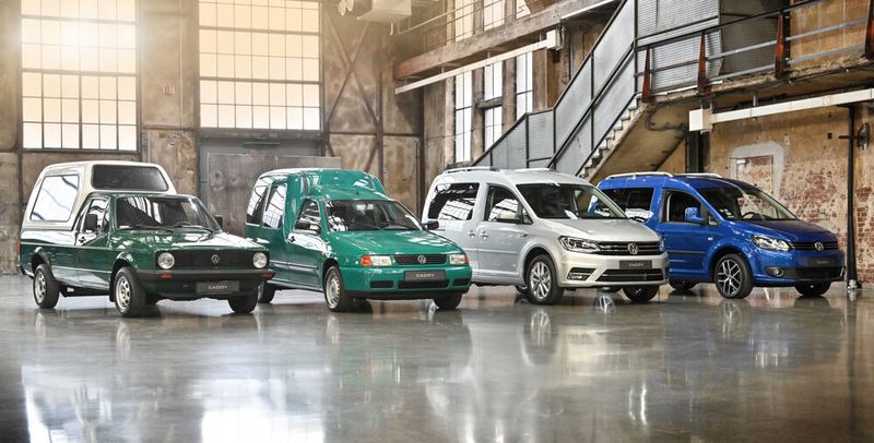Sichtbare Weiterentwicklung: vier Generationen des Caddy vereint. (Volkswagen)