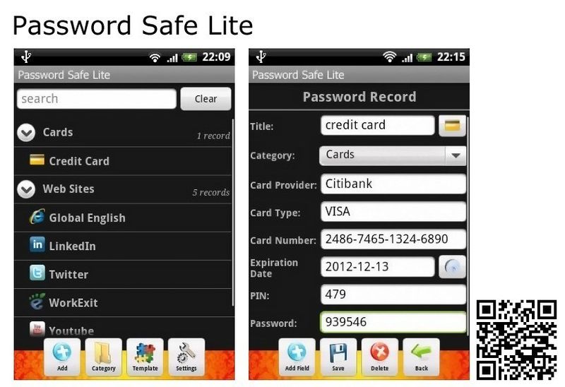 Mit der kostenlosen App PasswordSafe Lite kann man Passwörter, PINS, Bank-, Kreditkarten- und Ausweisdaten, E-Mail-Konten, Web-Accounts und Softwarelizenzen verschlüsseln und damit sicher speichern ohne sie zu vergessen.   Einen direkten Link zur App erhalten Sie wenn Sie den 2D-Barcode rechts unten im Bild mit einer Barcode-App in ihrem Android Smartphone einscannen. (Archiv: Vogel Business Media)