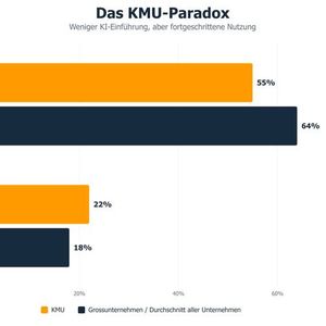 Das KMU-Paradox: Zwar haben im Vergleich zu Grossunternehmen weniger KMUs KI eingeführt, dafür haben mehr KMU eine fortgeschrittene KI-Stufe erreicht.(Bild:  AWS)