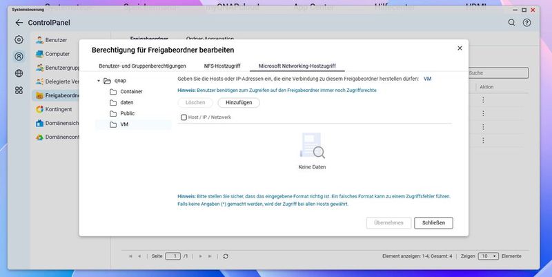 Konfiguration des Microsoft-Netzwerk-Hostzugriffs zur Einschränkung auf definierte IP-Adressen. (Bild: Joos – QNAP)