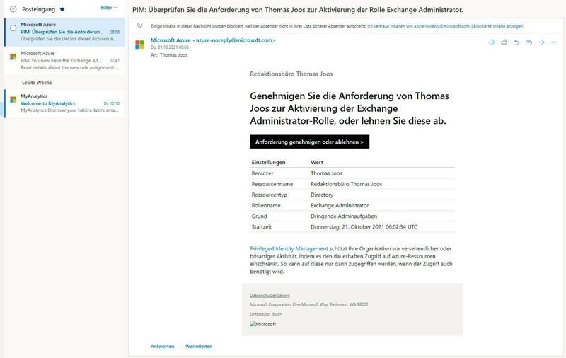 Benutzer erhalten durch Azure AD Privileged Identity Management E-Mails bei notwendigen Genehmigungen. (Joos)