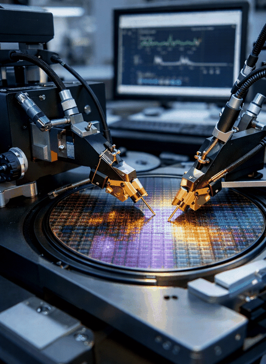 Das taktile Testing eines Halbleiters wird mit hochpräzisen Probenahmegeräten durchgeführt, um die Funktionalität und Qualität der Bauteile genau zu überprüfen.(Bild:  Merkle CAE Solutions GmbH)