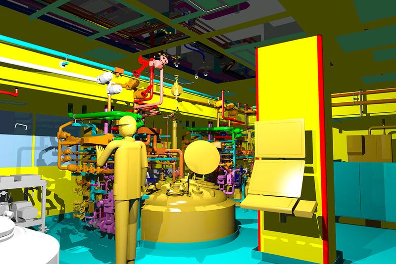 Abbildung 6: Ansicht des Pufferansatz-Bereiches. Hier ist der hohe Detaillierungsgrad der Planung gut zu erkennen. Im Vordergrund erkennt man eine Säule mit HMI (Human-Machine-Interface). (Bild: ZETA GmbH)