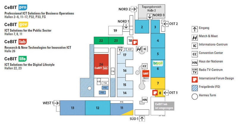 Der Geländeplan der CeBIT 2012. Kurzfristig mussten die Aussteller von Halle 9 in die Halle 26 umziehen. (Archiv: Vogel Business Media)