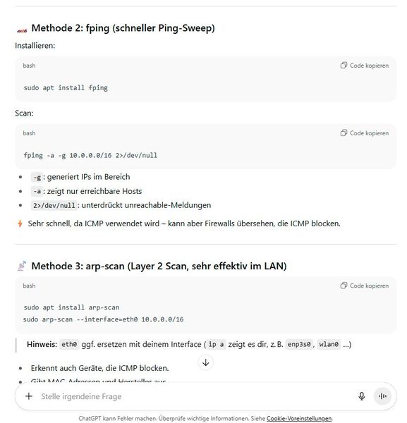 KaliGPTs stellen mehrere Alternativen und Befehle zur Verfügung und helfen auch bei deren Ausführung. (Bild: Joos)