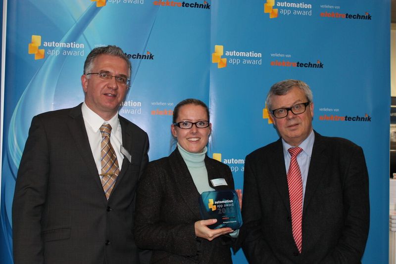 Gewinner in der Kategorie Corporate - Ultraschall-Sensorik von microsonic: v.l Bernd Weinig von elektrotechnik, Vera Hoxha von microsonic und Reinhard Kluger von elektrotechnik. (Kunze/elektrotechnik)