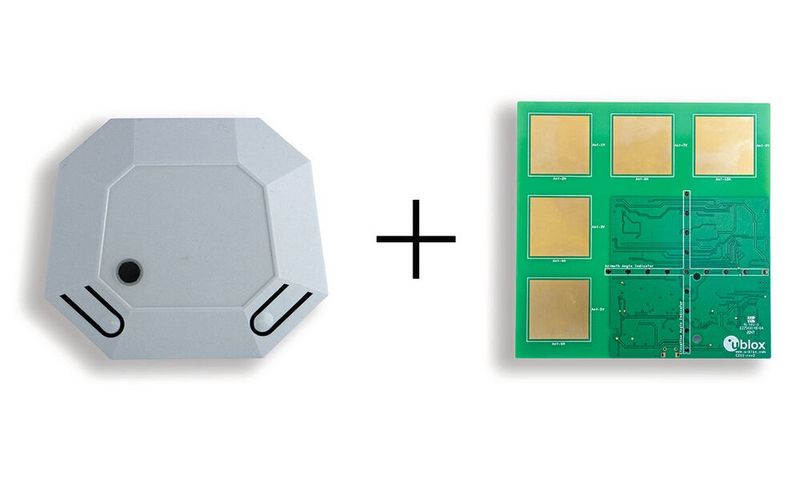 Richtungsweisend: Ein Bluetooth-Tag und das L-förmige Antennen-Array, das in den u-blox-Ankerpunkten verwendet wird. (Bild: u-blox)