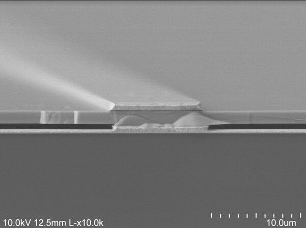 An electron microscope image showing the air gap (darkest gray) between the gold backing (bottom) and the semiconductor (top), supported with gold beams. 