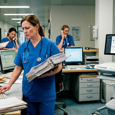 Der Arbeitsalltag im Gesundheitswesen ist geprägt von Dokumentationspflichten und bürokratischen Elementen. Durch den Einsatz von Technologie erhoffen sich die Entscheiderinnen und Entscheider Synergieffekte und Effizienzsteigerungen. (Bild: Gemini / KI-generiert)