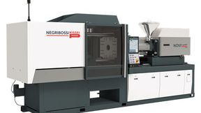 The Nova5e110T, a latest-generation all-electric injection moulding machine, produces a food-packaging application using liquid silicone rubber injection moulding. (Source: Negri Bossi)