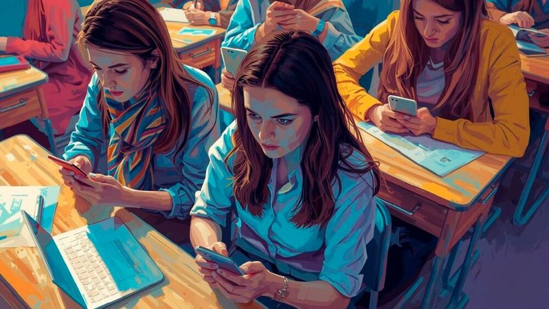 Schüler, die während des Unterrichts mit dem Handy beschäftigt sind, sind nicht nur für Lehrer ein Ärgernis. Um den Umgang damit besser zu steuern, wird in Sachsen-Anhalt eine Leitlinie zur Nutzung von Smartphones in Schulen entwickelt. (Bild:  Canva / KI-generiert)