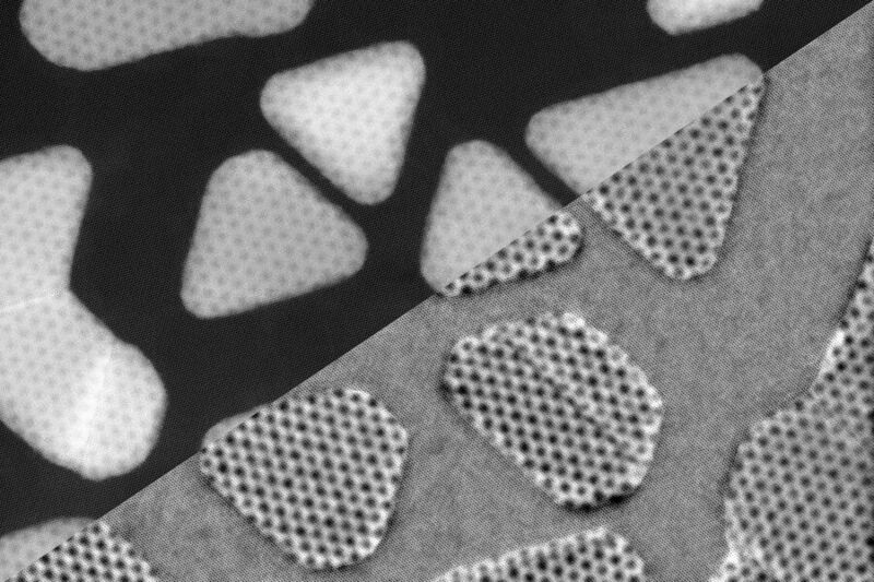 These images of “islands” of gold atoms deposited on a layer of two-dimensional molybdenum sulfide were produced by two different modes, using a new scanning tunneling electron microscope (Stem) in the new MIT.nano facility. (MIT)