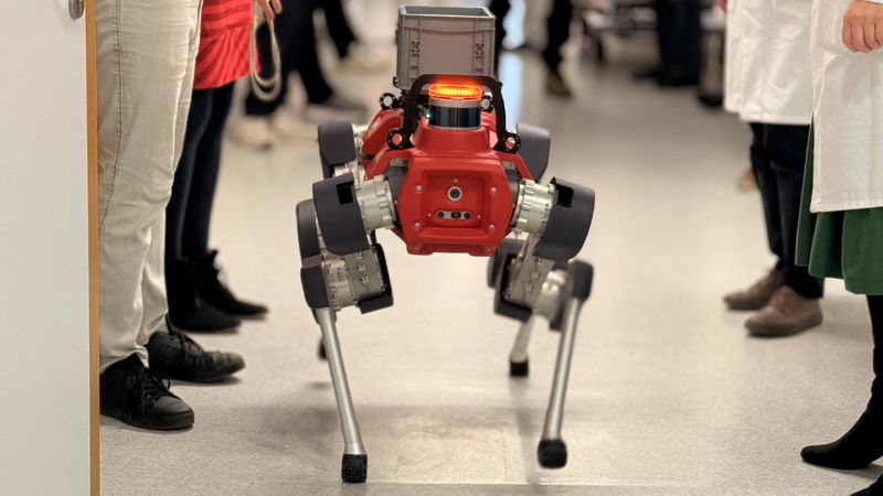 Debüt des Robo-Dogs HELIA (kurz für Helfender Roboter im Klinikalltag) auf der Station H21/22 der Hautklinik des Uniklinikums Würzburg (UKW).(Bild:  Kim Sammet/UKW)