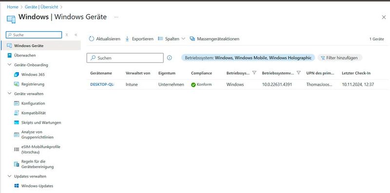 Die Intune-Geräteliste führt den konformen Windows-11-Client mit der Betriebssystemversion 10.0.22631.4391. (Bild: Joos)