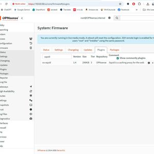 Die Plugin-Suche nach "os-squid" im Firmware-Bereich zeigt die Voraussetzung für die Nachinstallation des Squid-Proxys in aktuellen OPNsense-Versionen.(Bild:  Joos)
