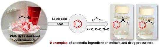 So hat man sich das Upcycling von Polystyrol mit dem innovativen Verfahren „Deg Up“ aus den USA vorzustellen. Als Katalysator brauche es nur das günstige Aluminiumchlorid. Eine Temperatur von moderaten 80 °C nebst Sauerstoffausschluss reichten für den Prozess aus.(Bild:  Wiley-VCH)