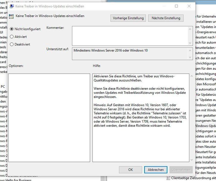 Über die Einstellung „Computereinstellungen\Administrative Vorlagen\Windows-Komponenten\Windows Update“ und der Auswahl von „Keine Treiber in Windows-Updates einschließen“ lässt sich verhindern, dass Windows 10 und Windows Server 2016/2019 Treiber über Windows-Updates installieren.“ (Joos)