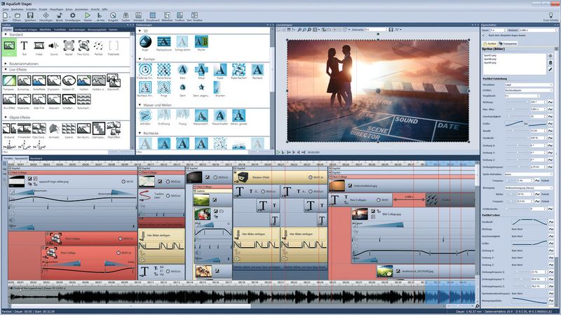Stages ist eine neue professionelle Foto- und Videobearbeitungssoftware, mit der die verschiedenen Medien zu einer Präsentation zusammengeführt, animiert und weiterverarbeitet werden können. Stages ist der Ort, wo Effekte angewendet, Musik- und Soundspuren sowie bewegliche Texte zu einem Ganzen zusammenfließen. (Aquasoft)