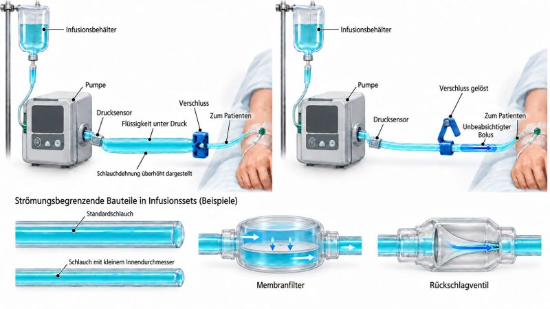 Bei einem Verschluss zwischen Pumpe und Patient kann ein nachgiebiger Schlauch Flüssigkeit unter Druck aufnehmen. Beim Öffnen kann sie als unbeabsichtigter Bolus austreten. (Schematische Darstellung)(Bild:  Eigene Darstellung nach BD [3] und Doesburg et al. [4].)