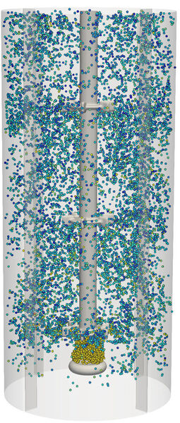 Beispielhafte Auswertung der Simulation eines begasten und gerührten Reaktors. Die Farben signalisieren die Größe der Luftblasen (gelb: groß, blau: klein)  (TU Graz – ippt)