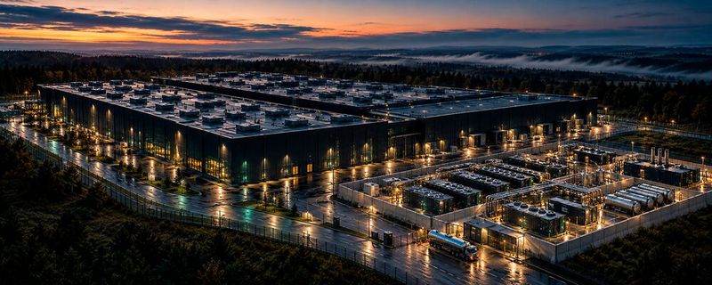 Konzeptvisualisierung: EnergyDeck-Zelle neben einem Rechenzentrum, Anlagenbereiche hinter Schutzwänden aus XXL-Betonblöcken, Tankzug-Übergabe an separater Zufahrt.(Bild:  Biorecytec Energy Systems / SEKTOR 01)