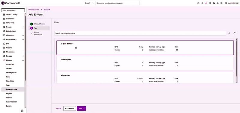 Verwaltung von Backup-Plänen und Berechtigungen in Commvault Unified Data Vault. (Bild: Commvault)