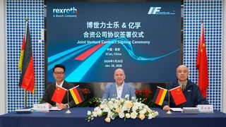 Feierliche Unterzeichung eines Joint Venture zwischen Bosch Rexroth und Xi'an IF Intelligent Equipment in China. Damit werde der Weg für elektromagnetische Aktuatoren für „Off Highway“-Fahrzeuge freigemacht. Hier mehr dazu ... (Bild: Bosch Rexroth)