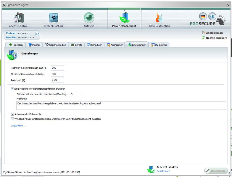 Die Verbrauchswerte des jeweiligen PCs und angeschlossener Peripherie muss man allerdings manuell eingeben. (Bild: EgoSecure)