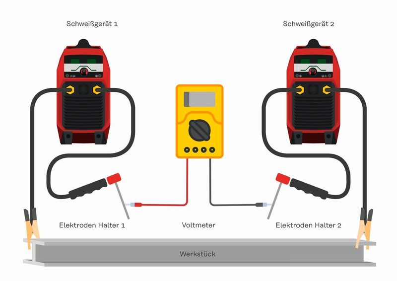 Nutzt man mehrere Schweißgeräte unter Wechselstrom, sollte man stets die Spannung zwischen Schweißbrennern und Elektrodenhaltern messen, um zu sehen, ob die Berührungsspannung auch nicht die Summe der Leerlaufspannungen erreicht hat, was fatal werden kann, wie Fronius sagt. (Bild: Fronius)