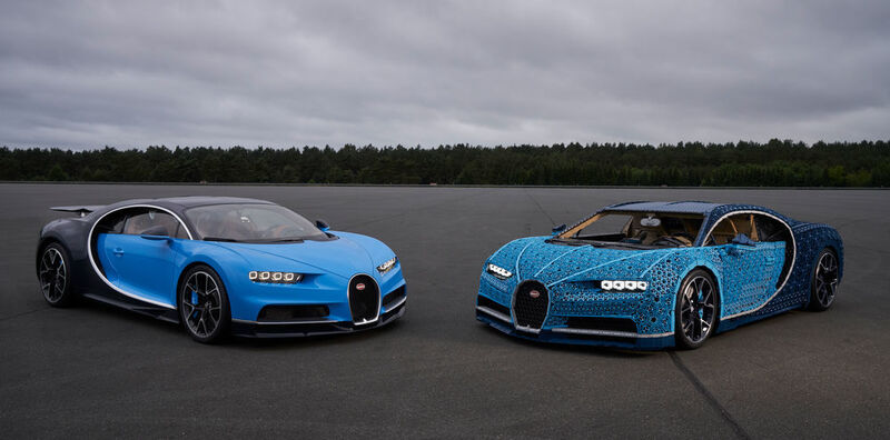 Der Bugatti Chiron (l.) und sein Lego-Ebenbild: Auf den ersten Blick ist kaum ein Unterschied zu sehen. (Lego)
