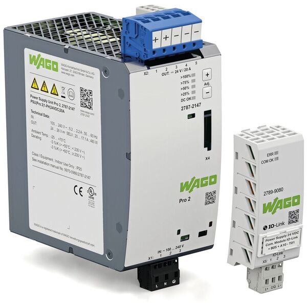 Power kommuniziert jetzt! Die WAGO Stromversorgung Pro 2 kann über ein Kommunikationsmodul mit der SPS oder einem IoT-Gateway verbunden werden. So kann sie wertvolle Daten für die vorausschauende Wartung und Instandhaltung liefern; sie bietet aber auch die Einstellung von Parametern zur optimalen Einpassung in die jeweilige Applikation – und das sogar online. (WAGO)