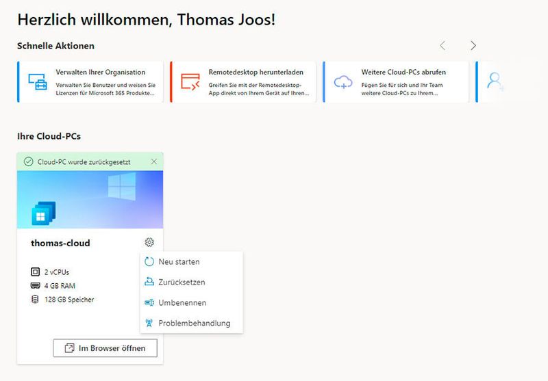 Erfolgreich zurückgesetzter Windows-365-PC. (Joos)