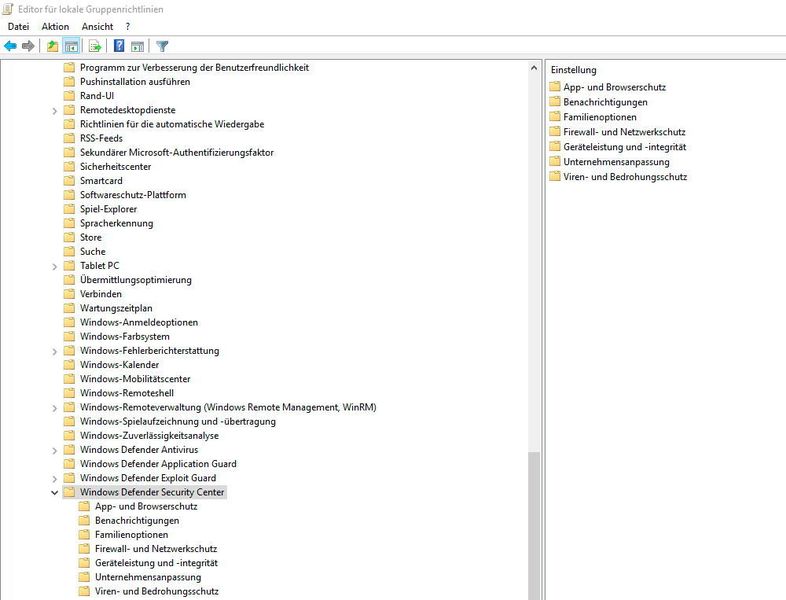 Einstellungen des Windows Defender Security Centers lassen sich ebenfalls per Gruppenrichtlinie steuern. So können einzelne Bereiche ausgeblendet werden, damit Anwender keine unnötigen Informationen erhalten, oder fehlerhafte Einstellungen vornehmen. (Th. Joos)