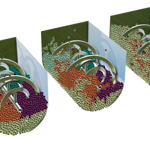Die Positionen von fünf Granulat-Sorten nach 50 Sekunden Mischen in einem Bandmischer.(Bild:  Comsol)