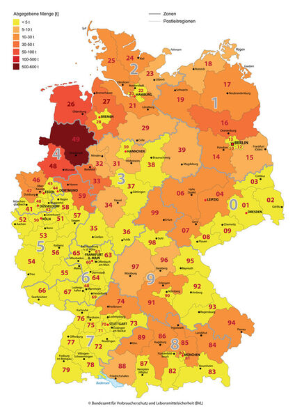 Regionale Zuordnung der Antibiotika-Abgabemengen 2014 (Bild: © Bundesamt für Verbraucherschutz und Lebensmittelsicherheit (BVL))