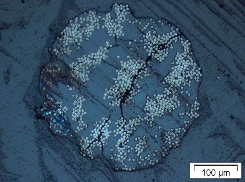 Wenn Fasern nicht optimal in das umgebende Matrixmaterial eingebunden sind (hier Schliffbilder und lichtmikroskopische Aufnahme einer 3D-gedruckten Komponente), können Schrumpfungsrisse entstehen, was die Stabilität beeinträchtigt. (Bild: Fraunhofer IMWS)