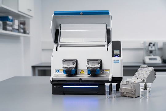 RETSCH MM 500 control mit Eppendorf-Aluadapter(Bild:  RETSCH / KI-generiert)