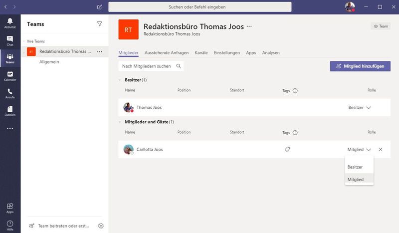 In den Eigenschaften eines Teams werden die Mitglieder verwaltet. Hier werden auch die Berechtigungen verwaltet. (Bild: Joos / Microsoft)