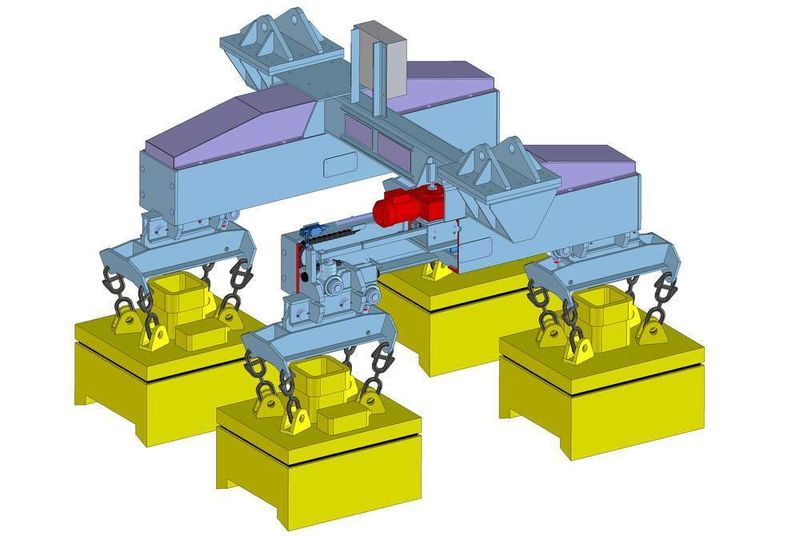 Magnettraverse mit Tragfähigkeit 8t  ... zum Heben von Blechrollen oder Ringbunde. Die Magnete (gelb) können über einen Linearantrieb (rot) verstellt werden. In der Bildmitte ist ein Teilschnitt ausgeführt um den Verstellwagen und den Linearantrieb zu sehen. (Archiv: Vogel Business Media)