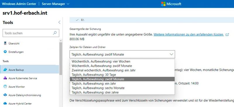 Auswählen des Aufbewahrungszeitraums für Daten in Azure. (Bild: Joos - Microsoft)