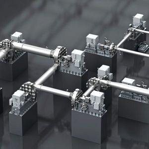 Exemplarische Darstellung einer 11-stufigen Verdichteranlage von Piller: Sechs VapoFlex-Maschinen (Zug 1) und fünf weitere VapoFlex (Zug 2).(Bild:  Piller Blowers & Compressors)