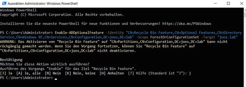AD-Papierkorb mit der PowerShell aktivieren. (Joos / Microsoft)
