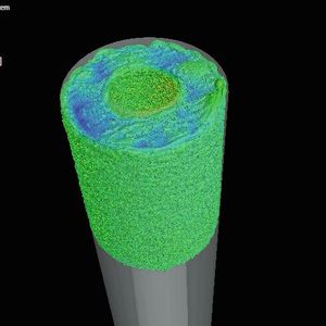 3D-Ansicht der nicht hirtisierten Düse mit Soll-ist-Vergleich zum CAD (Abweichung farbcodiert). (Bild:  Visiconsult)