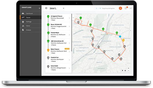 Die Software des Münchner Unternehmens Smartlane (www.smartlane.de) ermöglicht eine nachfragegesteuerte Touren- und Auftragsplanung. Mit der Verknüpfung von Transport-Management-Systemen und Echtzeitverkehrsdaten stößt Smartlane in eine Lücke, deren Schließen die Effizienz von Tourenplanungen sowohl für KEP-Dienste wie auch für Stückgut deutlich erhöhen dürfte. Neben der dynamischen Auftragsplanung und Tourenoptimierung sowie der engen Vernetzung mit den Fahrern über eine App, können auch die Kunden in Echtzeit über den Auftragsstatus und die Position der Lieferung informiert werden. (Bild: Smartlane)
