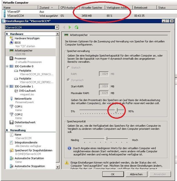 Der Puffer erhöht den verfügbaren Arbeitsspeicher auf dem Gast. Würde man den Schieber ganz nach rechts bewegen, würde man den maximalen RAM ausnutzen (hier 6 GB). Damit der Host nun überschüssigen Speicher erhält, kann mit dem Schieberegler der reservierte Puffer verkleinert werden. Das geschieht im laufenden Betrieb und benötigt keinerlei Neustart. Dem Test liegt eine Windows Server 2008 R2 BETA zu Grunde. (Archiv: Vogel Business Media)
