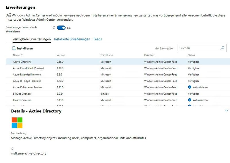 Installieren der AD-Erweiterung für die Verwaltung von Active Directory mit dem Windows Admin Center. (Bild: Joos / Microsoft)