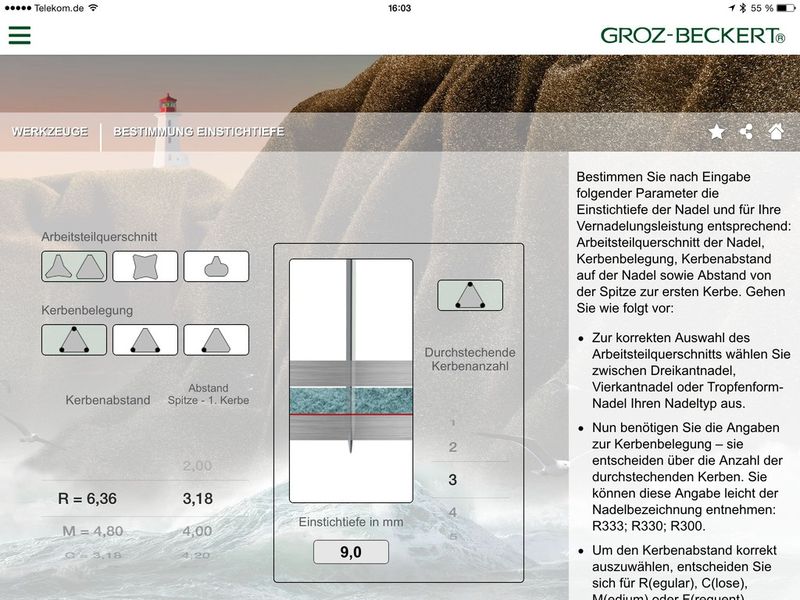 MyGrozBeckert vereint Informationen über das Unternehmen und seine Produkte, mit Hintergrundwissen zur Textilbranche und hilfreichen Berechnungshilfen für den Alltag. ( Groz-Beckert)