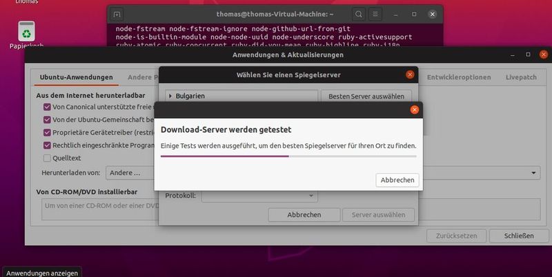 Im Dialog „Anwendungen und Aktualisierungen“ testet Ubuntu verfügbare Spiegelserver und wählt automatisch den schnellsten Standort aus. (Bild: Joos)
