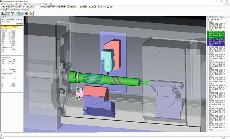 3D Virtual Monitor simuliert den aktuellen NC-Code und verwendet die exakten Spezifikationen der Okuma-Maschine, um sicherzustellen, dass das Programm das gewünschte Teil sicher und genau produziert. (Okuma)
