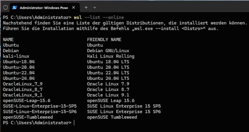 PowerShell zeigt die Liste der über WSL installierbaren Linux-Distributionen auf Windows Server 2025, von Ubuntu über Debian bis SUSE Linux Enterprise. (Bild: Joos - Microsoft)